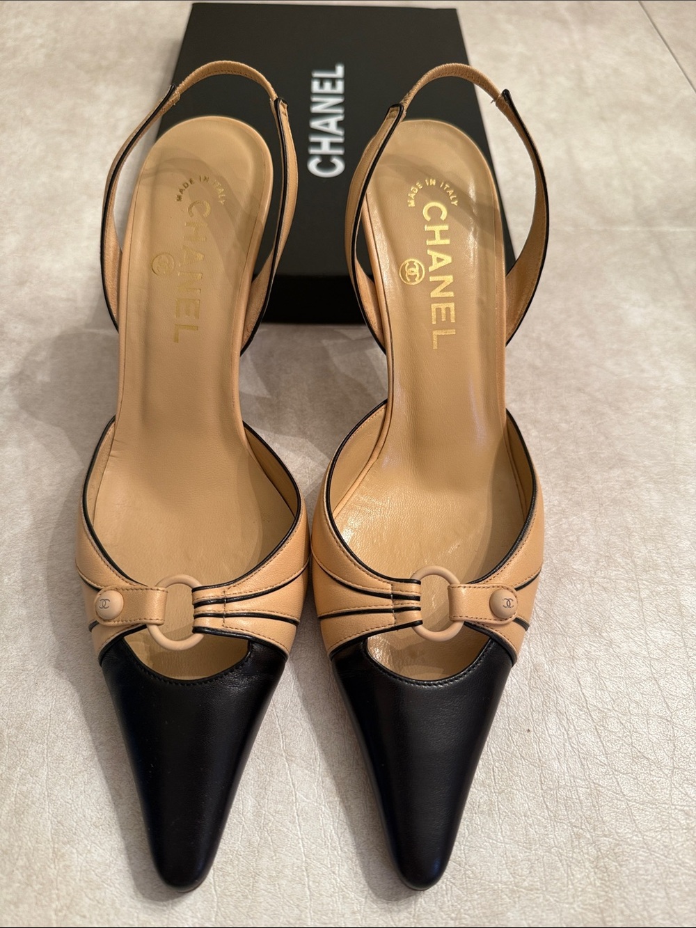 CHANEL Black and Beige Pointed Slingback Pumps